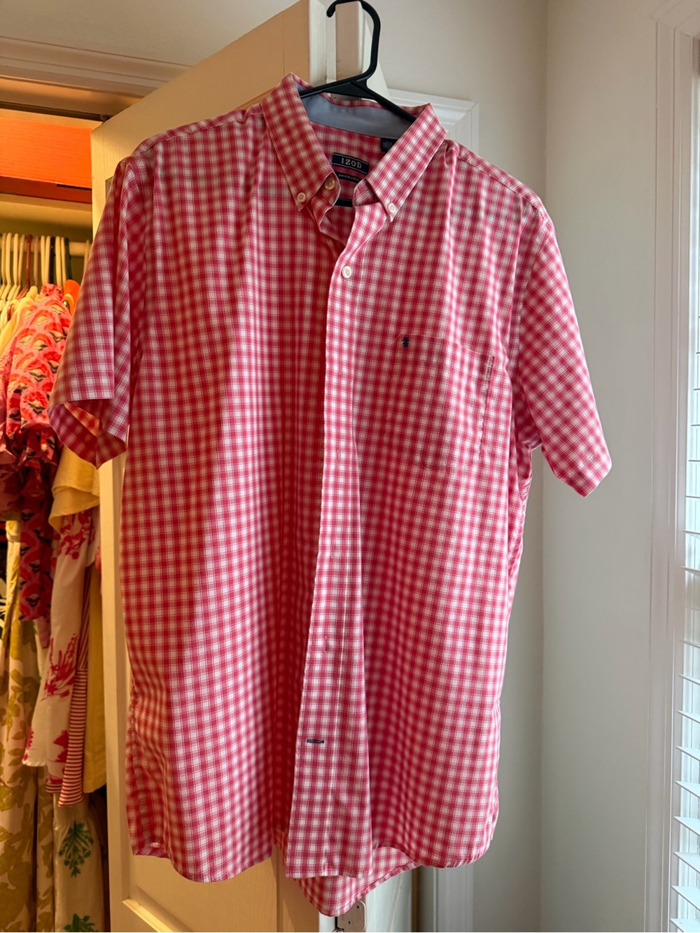 Izod Men’s Short-Sleeve Pink Gingham Button-Down Shirt